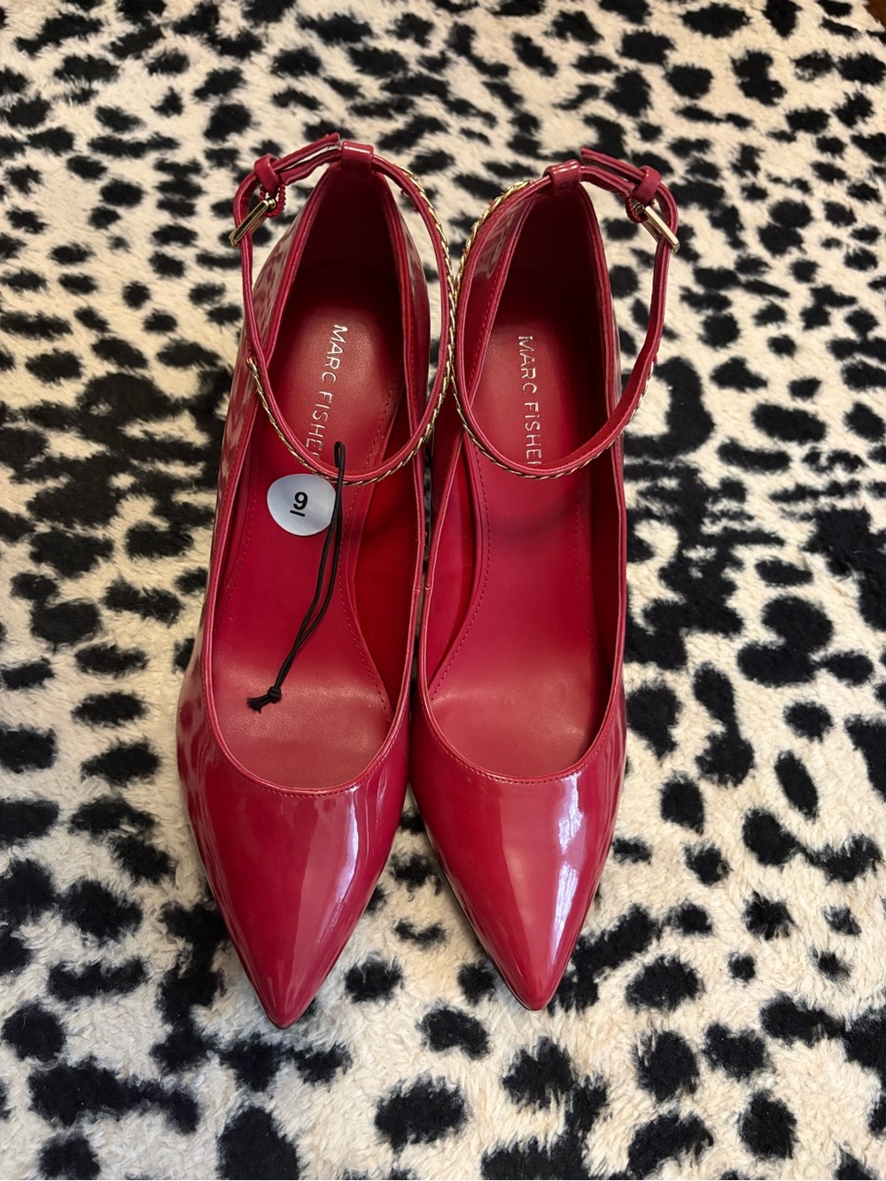 Marc Fisher Red Patent Pointed-Toe Ankle-Strap Pumps - Glossy Finish